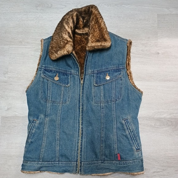 Vintage Y2K Reversible Esprit Fur Lined Denim Jean Vest Women's Size Small - Picture 1 of 7